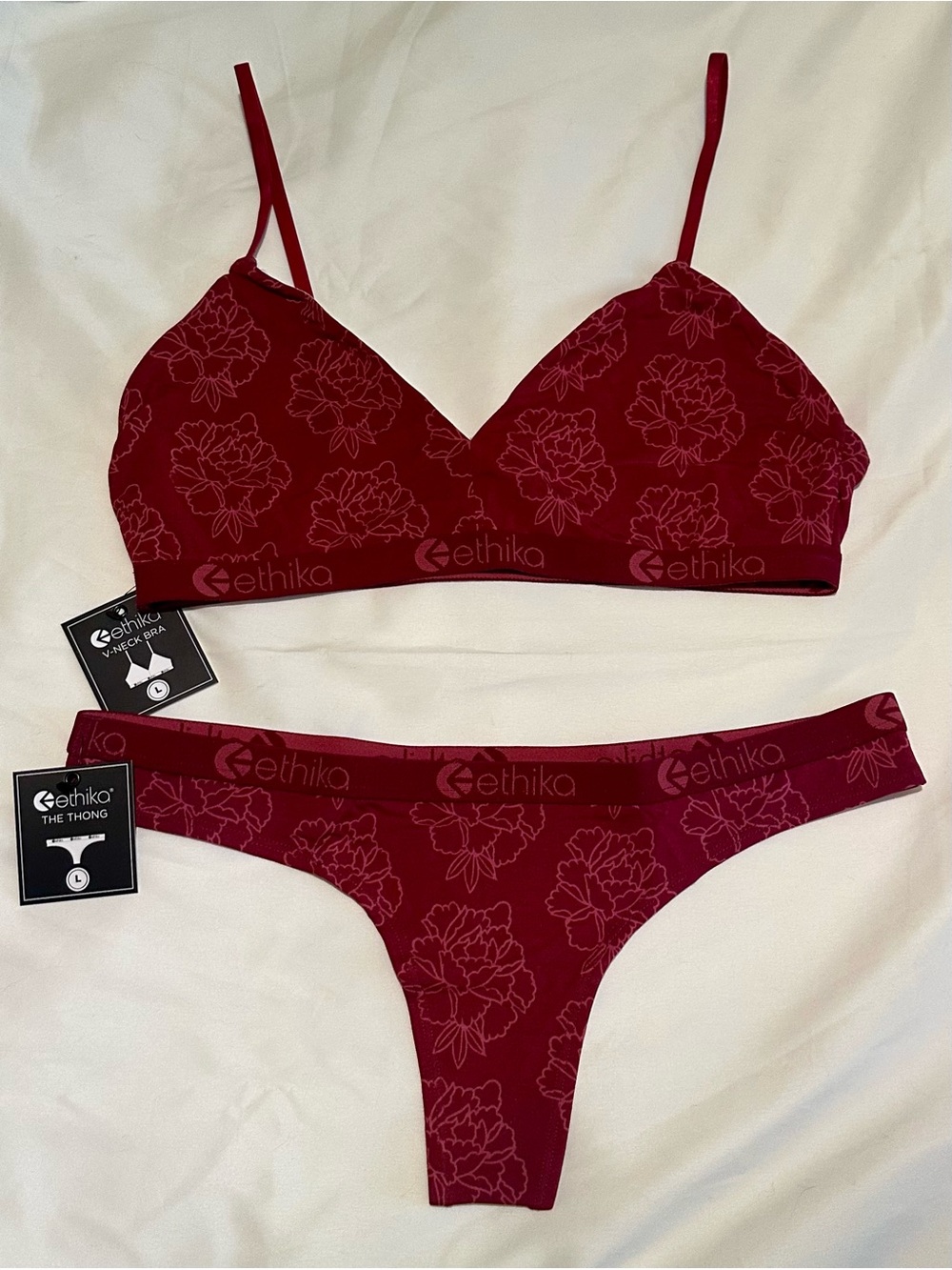 Ethika Kensei Floral V-Neck Bra & Thong Matching Set Burgundy Red Large NWT Logo